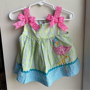 RARE TOO GREEN PINK FLAMINGO APPLIQUÉ BOW ACCENT TOP SIZE 12 MONTHS